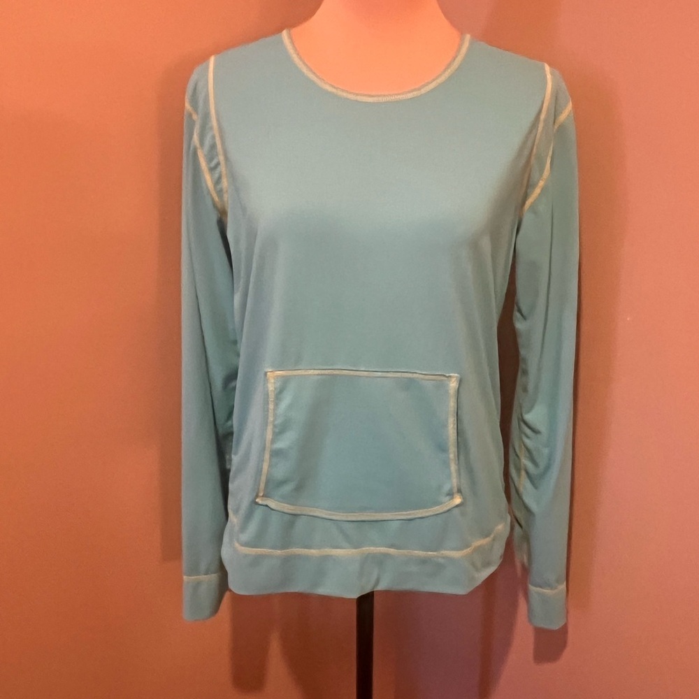 Athleta Light Blue with Yellow Stitching Long Sleeve Athletic Shirt, Size Large